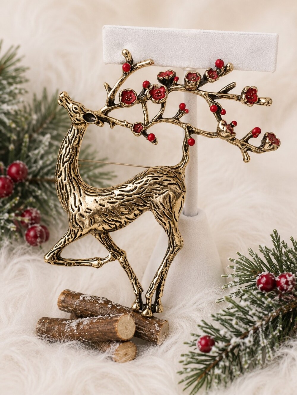 Stunning Large Gold Deer Brooch with Red Flower  Antler Accents